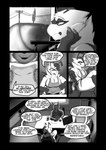 antennae_(anatomy) anthro apron apron_only bored chair clothed clothing desk dialogue duo female furniture hair male nude nude_anthro office office_clothing shirt speech_bubble table text topwear soomir heather_(soomir) arthropod bee canid canine canis domestic_dog hymenopteran insect mammal absurd_res comic english_text hi_res monochrome
