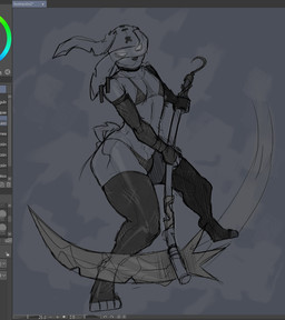 anthro bikini bulge choker clothing fingerless_gloves gloves glowing glowing_eyes handwear jewelry legwear male melee_weapon menacing_aura necklace no_pupils piercing polearm scythe short_tail solo stockings swimwear tail tally_marks thick_thighs toeless_legwear two-piece_swimsuit weapon kobita09 epic_games fortnite nitehare_(fortnite) shaded simple_shading sketch