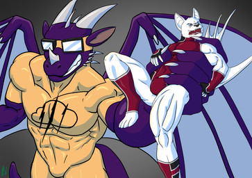 abs anthro biceps claws clothed clothing duo fur horn male male/male membrane_(anatomy) membranous_wings muscular muscular_anthro muscular_male open_mouth pecs peril simple_background smile superhero tail teeth tight_clothing wings zachsroom mythology bat dragon mammal mythological_creature mythological_scalie scalie 2025 absurd_res digital_media_(artwork) hi_res shaded signature