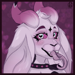 anthro aroused border choker collar female fur heart_symbol horn jewelry liquid necklace pink_body pink_eyes pink_fur purple_border solo tongue tongue_out airymiller felid feline mammal 1:1 bust_portrait hi_res icon portrait