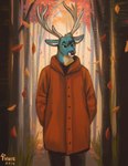 anthro antlers blue_body blue_fur bottomwear clothed clothing falling_leaves fur green_eyes horn jacket male outside pants plant solo standing topwear tree two_color_fur white_body white_fur artofhuie huie deer mammal 2019 artist_name hi_res