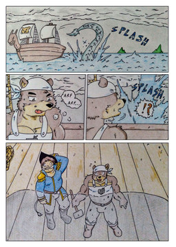 anthro barazoku biceps black_nose blue_clothing blue_topwear boots bottomwear brown_body brown_boots brown_clothing brown_eyes brown_footwear brown_fur brown_hair bulge clothed clothing cloud cloudy_sky comic_panel floor footwear fur hair hammer holding_object kerchief male manly multicolored_body multicolored_fur musclegut muscular muscular_anthro muscular_arms muscular_male onomatopoeia open_mouth outside overweight overweight_anthro overweight_male pants sea shadow ship shoes sky sound_effects speech_bubble splash splashing_water surprised tan_body text tools topwear vehicle water watercraft waterdragon weapon white_bottomwear white_clothing white_pants wood wood_floor wounded dashthefox mythology marteau aquatic aquatic_dragon bear dragon mammal mythological_creature mythological_scalie scalie suid suine sus_(pig) wild_boar absurd_res comic english_text hi_res traditional_media_(artwork)