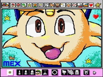 anthro brown_eyes fangs heart_symbol male open_mouth simple_background solo star teeth rodricoro mario_paint nintendo pokemon domestic_cat felid feline felis generation_1_pokemon mammal meowth pokemon_(species) digital_media_(artwork) dithering headshot_portrait mario_paint_(artwork) portrait