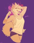 anthro black_nose bottomwear breasts clothed clothing female fur hotpants no_bra open_mouth paint_splatter shirt shorts side_boob simple_background solo tank_top topwear yawn captyns canid canine mammal absurd_res digital_media_(artwork) hi_res restricted_palette