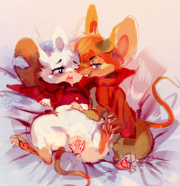 bedroom bedroom_eyes blush blush_lines bodily_fluids clothing female female/female feral feral_on_feral genital_fluids genitals looking_at_viewer narrowed_eyes seductive spread_vulva spreading vaginal_fluids vulva zanthu don_bluth mina_the_hollower the_secret_of_nimh yacht_club_games mina_(mina_the_hollower) mrs._brisby mammal mouse murid murine rodent absurd_res hi_res