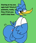 anthro anus balls beak big_butt bubble_butt butt degradation eyewear genitals glasses male mocking motion_lines nerd smug sniffing sniffing_request solo spread_butt spreading text unknown_artist deltarune undertale_(series) berdly avian bird english_text hi_res