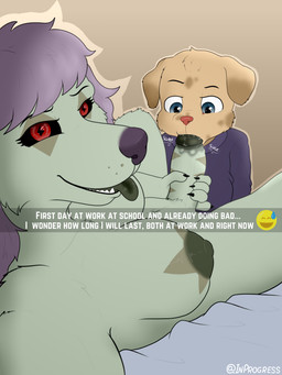 age_difference anthro breasts duo fellatio genitals gynomorph gynomorph/male intersex intersex/male looking_at_viewer lying male nude oral penile penis selfie sex size_difference text tongue tongue_out unprofessional_behavior young inprogress snapchat canid canine canis demon domestic_dog mammal absurd_res english_text hi_res