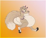 anthro anthro_pred belly big_belly blue_eyes breasts female female_pred long_tail magic_user paws purple_stripes solo stripes tail vore witch cmitchell canid canine canis fox mammal wolf hi_res