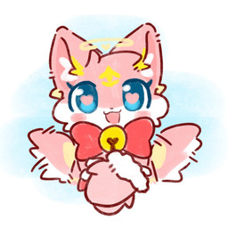 bow_(feature) clothing female feral fur gloves halo handwear head_markings heart_eyes heart_symbol kemono looking_at_viewer markings multicolored_body multicolored_fur pink_body pink_fur simple_background smile solo toony white_body white_fur wings neisawa canid canine fox mammal 1:1
