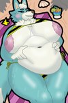 anthro beach belly beverage big_belly bikini blush clothing female hand_on_belly nipples overweight seashell shell solo swimwear towel two-piece_swimsuit wet wulfkyet animal_crossing nintendo skye_(animal_crossing) canid canine canis mammal wolf 2:3 hi_res