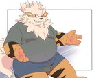 2024 4:3 4_fingers anthro anthrofied arcanine belly big_belly bottomwear canid canine clothing fingers generation_1_pokemon hi_res humanoid_hands inunoshippo kemono male mammal nintendo one_eye_closed overweight overweight_male pokemon pokemon_(species) shirt shorts simple_background sitting solo topwear wink