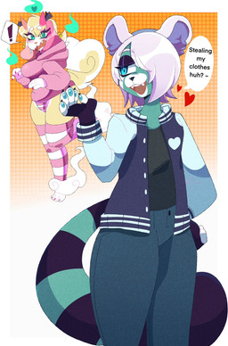 2_horns 5_fingers anthro blue_eyes blue_pawpads bottomwear breasts circle_eyebrows clothed clothed_anthro clothed_female clothed_male clothing duo exclamation_point eyebrows fangs female female_anthro fingerpads fingers glistening_eyelids hair hair_over_eye head_horn heart_symbol hoodie horn jacket legwear male male/female male_anthro markings one_eye_obstructed open_mouth panties pants pattern_bottomwear pattern_clothing pattern_legwear pattern_panties pattern_thigh_highs pattern_underwear pawpads pink_clothing pink_hoodie pink_horn pink_topwear ring_(marking) ringed_tail striped_bottomwear striped_clothing striped_legwear striped_markings striped_panties striped_tail striped_thigh_highs striped_underwear stripes tail tail_markings teeth thigh_highs topwear underwear white_sclera kiwisharku avery_(thatsaurguy) latte_(kiwisharku) canid canine mammal 2025 digital_drawing_(artwork) digital_media_(artwork) hi_res