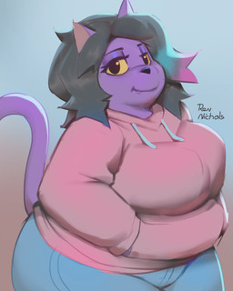 anthro black_hair bottomwear clothing female hair long_hair pants purple_body slightly_chubby solo standing thick_thighs yellow_eyes rennichols undertale_(series) catty_cattenheimer felid feline mammal 4:5 absurd_res hi_res