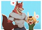 5_fingers anthro blonde_hair brown_body brown_fur clothed clothing duo eyes_closed eyewear fingers fur glasses hair male multicolored_body multicolored_fur open_mouth pecs red_body red_fur tan_body tan_fur dudedle rabbitdx26 kemo_coliseum lambert_(kemo_coliseum) canid canine fox lagomorph leporid mammal rabbit 2017