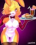 anthro beverage blonde_hair bow_tie breasts bunny_costume cake clothing costume cupcake cute_pose dessert female food fur genitals hair milkshake nipples one_eye_closed orange_body orange_fur pastry purple_eyes pussy smile solo sweets wink lawychan tangobunny lagomorph leporid mammal rabbit 4:5