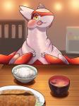 ambiguous_gender blush eyelashes food looking_at_viewer slightly_chubby smile solo tongue tongue_out yellow_eyes ecru_(artist) nintendo pokemon generation_3_pokemon latias legendary_pokemon pokemon_(species) 3:4 hi_res