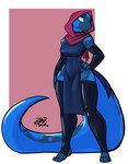 anthro blue_body breasts clothing female hood_up inflatable latex legwear long_tail looking_aside medium_breasts pink_eyes scarf solo standing stockings tail rubbermage astrid_(rubbermage) amphibian animate_inanimate living_inflatable living_latex salamander 2020 hi_res