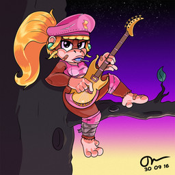 anthro band-aid bandage barefoot biped blonde_hair breasts brown_body brown_fur candy clothing dessert ear_piercing electric_guitar feet female food fur guitar hair hat headgear headwear holding_musical_instrument holding_object jewelry knee_pads lollipop long_hair looking_aside looking_at_viewer musical_instrument night object_in_mouth piercing plant playing_guitar playing_music plucked_string_instrument ponytail sitting small_breasts solo string_instrument toes torn_clothing tree dannyjay donkey_kong_(series) nintendo dixie_kong haplorhine mammal monkey primate 1:1 2016 signature