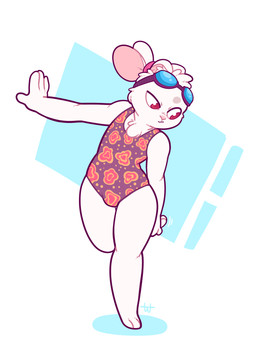3_toes 4_fingers ambiguous_gender anthro chest_tuft clothing ears_tied_back eyewear feet fingers fur goggles on_one_leg one-piece_swimsuit pattern_clothing red_eyes simple_background solo standing swimming_goggles swimwear toes tuft white_background white_body white_fur marshmallowfury lagomorph leporid mammal rabbit hi_res signature