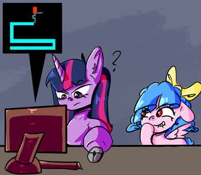 bite biting_lip computer computer_mouse duo electronics eyebrows female feral freckles horn inner_ear_fluff raised_eyebrow ribbons tuft wings peni_sarter friendship_is_magic hasbro my_little_pony mythology scary_maze_game cozy_glow_(mlp) twilight_sparkle_(mlp) equid equine mammal mythological_creature mythological_equine pegasus winged_unicorn hi_res meme
