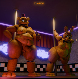 3_toes 4_fingers anthro balls belly big_butt black_nose blue_eyes bow_tie butt clothing duo electronics erection feet fingers fur genitals glans green_eyes hand_on_hip hat headgear headwear holding_microphone holding_object humanoid_genitalia humanoid_penis long_ears machine male microphone moobs navel nipples overweight overweight_anthro overweight_male penis pole purple_clothing purple_hat purple_headwear small_penis standing thick_thighs toes yellow_body yellow_fur z_hado snips456fur_(modeler) five_nights_at_freddy's scottgames fredbear_(fnaf) spring_bonnie_(fnaf) animatronic bear lagomorph leporid mammal rabbit robot 2025 3d_(artwork) digital_media_(artwork) english_description hi_res