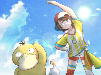 ambiguous_gender black_hair blue_eyes bottomwear clothed clothing cloud day eyebrow_through_hair eyebrows female feral footwear fully_clothed group hair hat head_tilt headgear headwear legwear lens_flare megaphone outside shorts sky smile socks stretching sun thigh_highs translucent translucent_hair trio whistle_(object) wristband noue_atelier hololive nintendo pokemon vtuber oozora_subaru anatid anseriform avian bird duck generation_1_pokemon human mammal pokemon_(species) psyduck 4:3 hi_res
