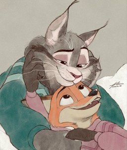 anthro clothing cuddling duo fur grey_body grey_fur hand_holding lidded_eyes lying male male/male on_back on_front orange_body orange_fur smile sweater topwear jethro_tai disney zootopia nick_wilde pawbert_lynxley canid canine felid feline fox lynx mammal hi_res