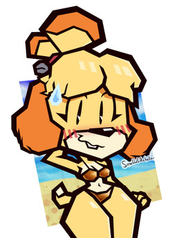 accessory anthro beach bikini blush breasts buckteeth clothed clothing cloud eyelashes female floppy_ears fur gold_bikini hair hair_accessory hairband hand_behind_head navel outside pose sand sea seaside simple_background sky smile solo swimwear tail teeth two-piece_swimsuit water white_background yellow_body yellow_fur smellslikebuter animal_crossing golden_week nintendo isabelle_(animal_crossing) canid canine canis domestic_dog mammal shih_tzu toy_dog absurd_res digital_media_(artwork) hi_res pinup signature