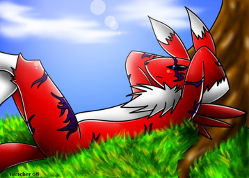 alternate_color anthro biped black_nose black_sclera blue_eyes chest_tuft day dipstick_ears ear_markings fur gloves_(marking) grass hands_behind_head leg_markings lens_flare lying male markings multicolored_ears nude on_back outside plant purple_body purple_fur red_body red_fur side_view sky socks_(marking) solo sun tail tree tuft white_body white_fur wood nancher bandai_namco digimon fan_character canid canine digimon_(species) guilmon mammal renamon 2008