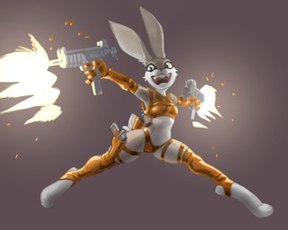 anthro bikini black_eyes breasts buckteeth clothing dual_wielding feet female front_view fur gold_armwear gold_bikini gold_thigh_highs grey_background grey_body grey_fur gun holding_gun holding_object holding_ranged_weapon holding_weapon open_mouth open_smile pink_nose ranged_weapon simple_background small_breasts smile solo swimwear teeth two-piece_swimsuit weapon white_body white_fur mootsider golden_week lagomorph leporid mammal rabbit absurd_res hi_res