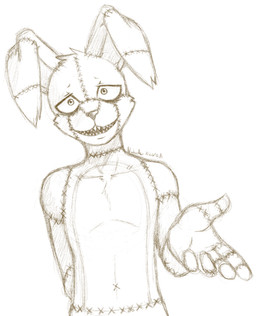 anthro fingers looking_at_viewer male reaching reaching_towards_viewer sharp_teeth smile solo stitch_(sewing) teeth nukde five_nights_at_freddy's five_nights_at_freddy's_4 scottgames patchy_(nukde) plushtrap_(fnaf) lagomorph leporid mammal rabbit 2015 monochrome sketch traditional_media_(artwork)