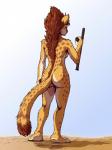 anthro auburn_hair biped breasts brown_hair butt casual_nudity club_(weapon) curvy_figure female fur hair hourglass_figure looking_at_viewer looking_away looking_back markings melee_weapon nightstick nude plantigrade police police_baton pr_24 rear_view side_boob sky solo spots spotted_body spotted_fur standing weapon whiskers yellow_eyes tirrel cheetah_cop_(tirrel) cheetah felid feline mammal hi_res