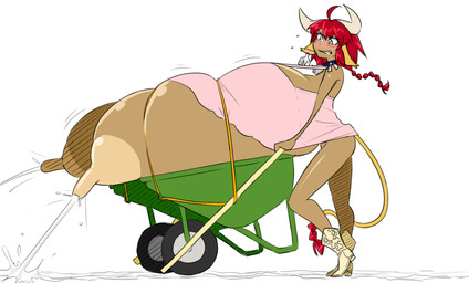 big_breasts bodily_fluids breasts clothing female hair horn huge_breasts hyper lactating nipples pink_clothing pink_shirt pink_topwear red_hair shirt solo topwear wheelbarrow sepiascribe animal_humanoid bovid bovid_humanoid humanoid mammal mammal_humanoid 2016 hi_res