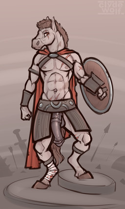 animal_genitalia animal_penis anthro armor balls black_balls black_penis bodily_fluids cloak clothed clothing equine_genitalia equine_penis erection genital_fluids genitals hair holding_object male penis precum shield simple_background solo warrior clyde_wolf equid equine horse mammal 3:5 digital_media_(artwork)
