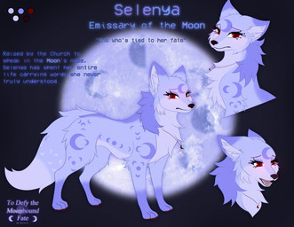 blue_body blue_fur collar eyelashes female feral fur leg_markings logo markings moon moon_(marking) open_mouth red_eyes sad socks_(marking) solo text thick_eyelashes tongue worried astralia selenya_(astralia) canid canine fox mammal english_text hi_res model_sheet