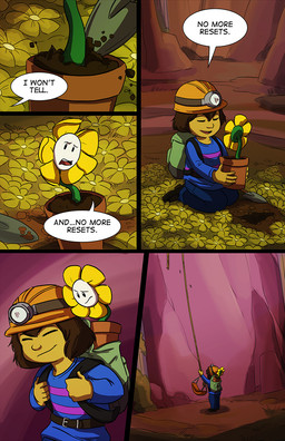 ambiguous_gender armor duo_focus flower gardening_tool group hard_hat headgear helmet plant plant_pot rope speech_bubble text trowel lynxgriffin undertale undertale_(series) flowey_the_flower frisk_(undertale) elemental_creature flora_fauna human mammal 2016 comic english_text