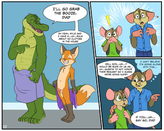 age_difference anthro backpack balls blue_bottomwear blue_clothing blue_pants bodily_fluids border bottomwear casual_nudity clothed clothing countershading dialogue emanata erection exclamation_point exhibitionism eyewear flaccid fully_clothed genitals gesture glasses green_clothing green_eyes green_shirt green_topwear group hand_gesture heart_symbol larger_male male male/male navel nude older_male only_one_nude pants penis pointing purple_towel shirt size_difference smaller_male speech_bubble sweat sweatdrop text thought_bubble topwear towel towel_around_waist towel_only undressing white_border yellow_sclera young young_anthro young_male younger_male compfive clifton_catalina colby_catalina gus_the_gator kyle_cumberland alligator alligatorid canid canine crocodile crocodilian fox house_mouse mammal mouse murid murine red_fox reptile rodent scalie true_fox 5:4 comic english_text multiple_scenes father_(lore) father_and_child_(lore) father_and_son_(lore) parent_(lore) parent_and_child_(lore) parent_and_son_(lore) son_(lore)