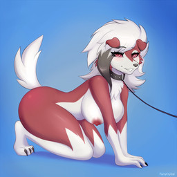 anthro black_nose collar collar_only female fur hair looking_at_viewer nipples nude pink_hair pink_nipples pokemorph red_body red_eyes red_fur smile smiling_at_viewer solo tail thick_thighs white_body white_fur white_hair furrycrystal nintendo pokemon generation_7_pokemon lycanroc midnight_lycanroc pokemon_(species) hi_res
