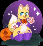 anthro blue_eyes bow_ribbon breasts female food fruit fur genitals grass halloween_decoration holidays jack-o'-lantern night paws plant pumpkin pussy smile solo star tattoo yellow_body yellow_fur heathecliff bandai_namco digimon halloween canid canine digimon_(species) fox mammal renamon true_fox alpha_channel hi_res