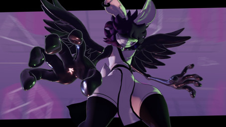 abstract_background anthro black_clothing black_hair black_legwear black_thigh_highs black_wings buckteeth clothing dress ear_piercing ear_ring feathered_wings feathers fur glistening glistening_arms grin grinning_at_viewer hair hair_over_eyes legwear looking_at_viewer low-angle_view male piercing purple_background ring_piercing scut_tail short_tail simple_background slit_dress smile smiling_at_viewer solo tail teeth thick_thighs thigh_highs white_body white_clothing white_dress white_fur wings cryptiacurves cryptiacurves_(modeler) cryptia demon lagomorph leporid mammal rabbit 16:9 3d_(artwork) cel_shading digital_media_(artwork) hi_res shaded widescreen