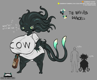 alcohol beer beverage big_breasts biped black_body breasts clothed clothing drunk female holding_object huge_breasts looking_at_viewer short_stack solo substance_intoxication tail text thick_thighs three-quarter_view ze_blackball.d the_banished_princess_(ze_blackball.d) humanoid absurd_res hi_res