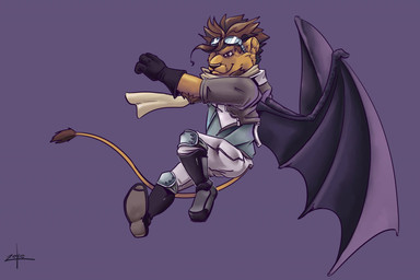 anthro back_wings black_boots black_clothing black_footwear black_gloves black_handwear boots bottomwear clothing eyewear eyewear_on_head flying footwear gloves goggles goggles_on_head grey_bottomwear grey_clothing grey_pants handwear male monotone_background pants purple_background shoes simple_background solo wings leo_zeke casandro felid lion mammal pantherine