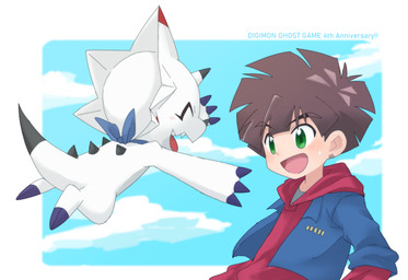 anthro brown_hair claws duo eyes_closed green_eyes hair horn kerchief male neckerchief neckwear open_mouth open_smile sky smile tail white_body hamu_ym bandai_namco digimon gammamon_(ghost_game) hiro_amanokawa digimon_(species) gammamon