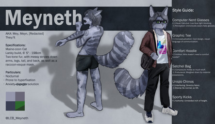 ambiguous_gender anthro bag black_bottomwear black_clothing black_pants bottomwear clothed clothing description eyewear footwear fur glasses green_eyes grey_background grey_body grey_fur grey_hair hair hoodie open_mouth pants print_clothing print_shirt print_t-shirt print_topwear pronouns satchel shirt shoes simple_background sneakers solo t-shirt text topwear underwear underwear_only yawn aka_meyneth meyneth_(lcb_meyneth) domestic_cat felid feline felis mackerel_tabby maine_coon mammal absurd_res english_text hi_res huge_filesize model_sheet nonbinary_(lore)