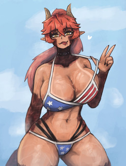 2_horns 5_fingers american_flag_bikini big_breasts bikini breasts choker clothed clothed_female clothed_humanoid clothing collar female female_humanoid fingers flag_bikini flag_swimwear hair horn huge_breasts humanoid_hands humanoid_pointy_ears jewelry looking_at_viewer muscular muscular_arms muscular_female muscular_humanoid necklace pointy_ears solo suntan swimwear tail tan_line two-piece_swimsuit frostwallart mythology vtuber zentreya animal_humanoid dragon dragon_humanoid humanoid mythological_creature mythological_scalie scalie hi_res