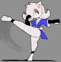 anklet anthro armwear barefoot black_eyes bottomless breasts butt cleavage clothed clothing elbow_gloves feet female fingerless_gloves fur gloves grey_background grey_body grey_fur grey_hair hair hair_over_eye handwear jewelry keikogi kick martial_arts_uniform medium_breasts one_eye_obstructed simple_background solo sportswear tail thick_thighs wide_hips usagibun1 oli_(usagibun1) domestic_cat felid feline felis mammal 2024 digital_media_(artwork)