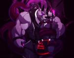 2016 abs anthro arm_grab bdsm biceps big_bulge big_muscles bondage bound bulge canid canine clothing cursedmarked dark demon digital_media_(artwork) dominant dominant_male duo fumdux fur glowing hair horn looking_at_viewer male male/male mammal monster muscular muscular_male nipples open_mouth pecs smile submissive submissive_male teeth tentacles tongue tongue_out waffle_(ashwaffles)
