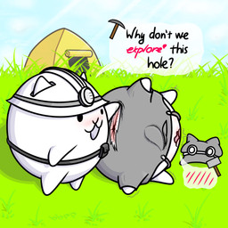 anus belt belt_pouch blush bodily_fluids bulge clothed clothing duo eyewear genital_fluids genitals glasses grass half_naked hammer hat headgear headwear male male/male miner_helmet open_mouth overalls penis pickaxe plant sky speech_bubble spread_anus spread_legs spreading tapering_penis tent text tools torn_clothing white_body bbunnyhopp ponos_corp. the_battle_cats gamatoto ototo_(the_battle_cats) felid feline mammal waddling_head 1:1 2025 absurd_res colored digital_drawing_(artwork) digital_media_(artwork) english_text hi_res shaded signature