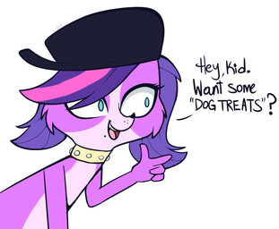 beret black_beret black_clothing black_headwear black_nose blue_eyes clothing collar female feral fur gold_(metal) gold_collar hair hat headgear headwear metal_collar pink_hair purple_body purple_fur purple_hair text higglytownhero hasbro littlest_pet_shop littlest_pet_shop_(2012) zoe_trent bird_dog canid canine canis cavalier_king_charles_spaniel domestic_dog hunting_dog mammal spaniel toy_dog 2015 english_text