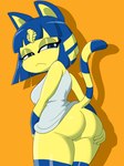 anthro blue_eyes blue_hair bottomless bottomless_anthro bottomless_female butt clothed clothing dress female frown hair looking_back raised_clothing raised_dress rear_view solo uraeus white_clothing white_dress yellow_body nojimmyplz animal_crossing nintendo ankha_(animal_crossing) domestic_cat felid feline felis mammal hi_res portrait three-quarter_portrait